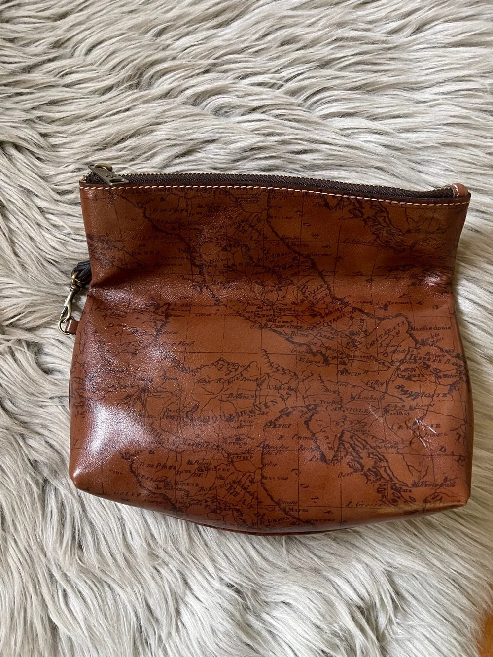 Patricia Nash Cognac Map-Print Leather Wristlet